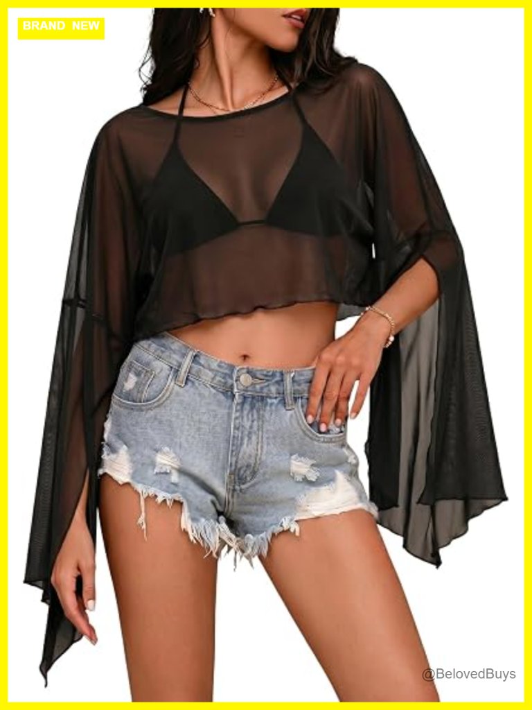 Long Sleeve Bell Sleeve Sheer Mesh Crop Cover Up Top